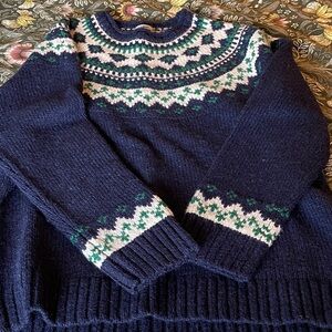 L.L. Bean Navy Blue Sweater with Green and White Patterns 100%lambswool